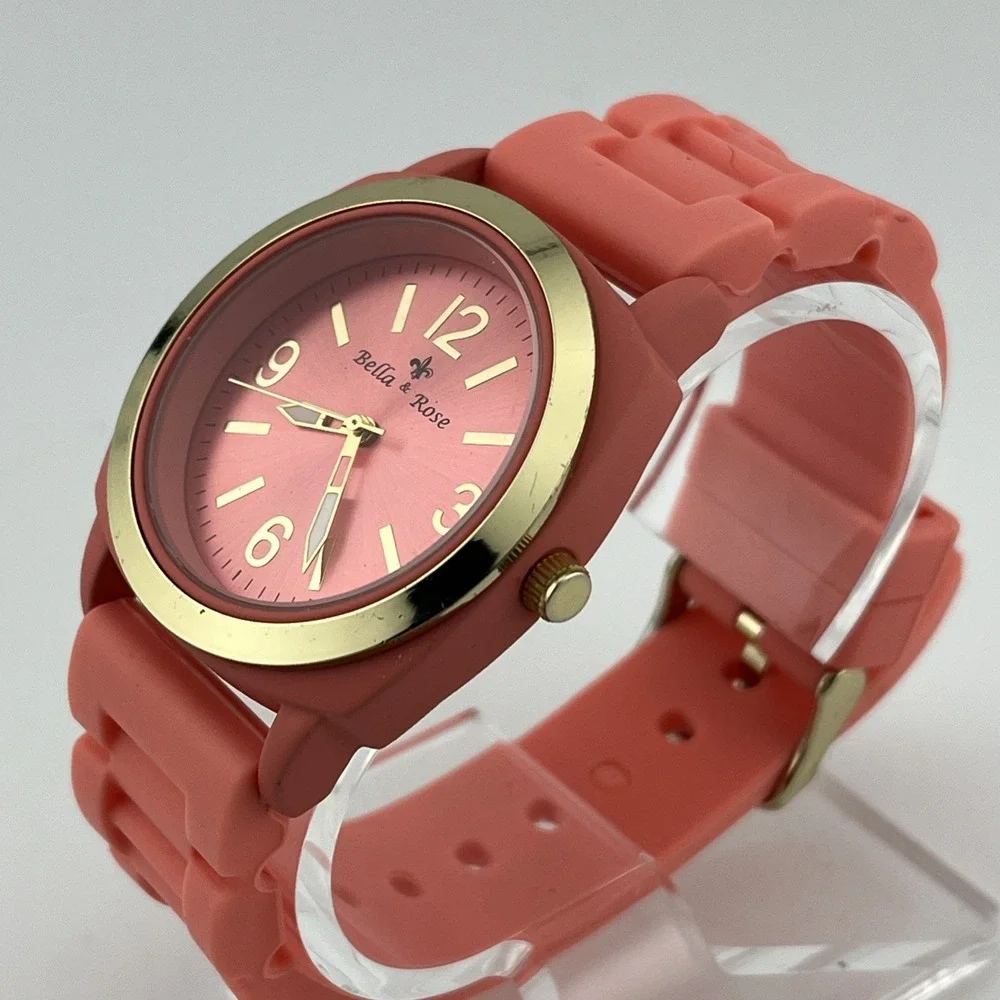 Bella & Rose Watch Women 40mm Case‎ Pink Silicone Band- New Battery